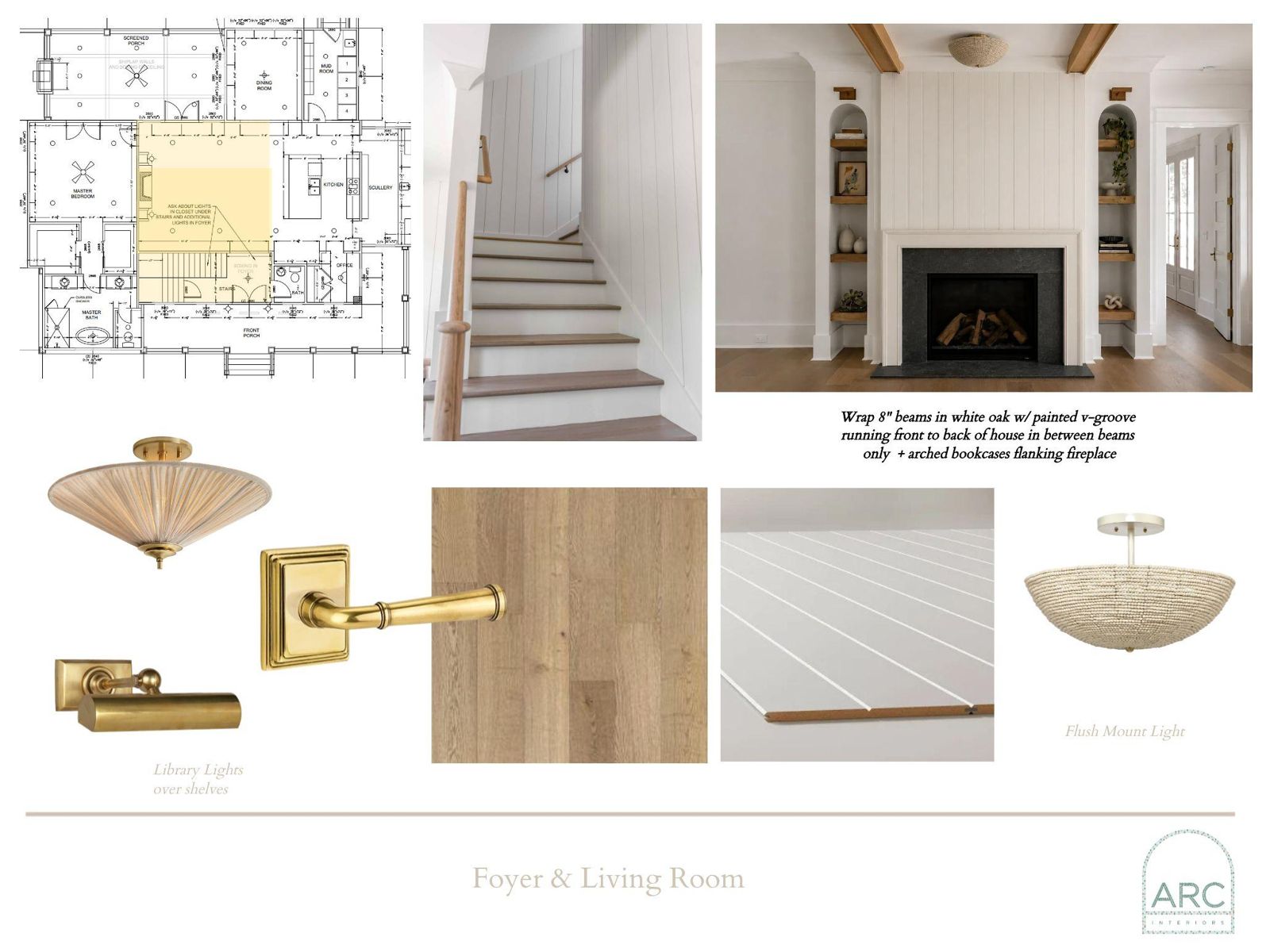 Foyer & Living Room design board: finishes, fixtures, and lighting