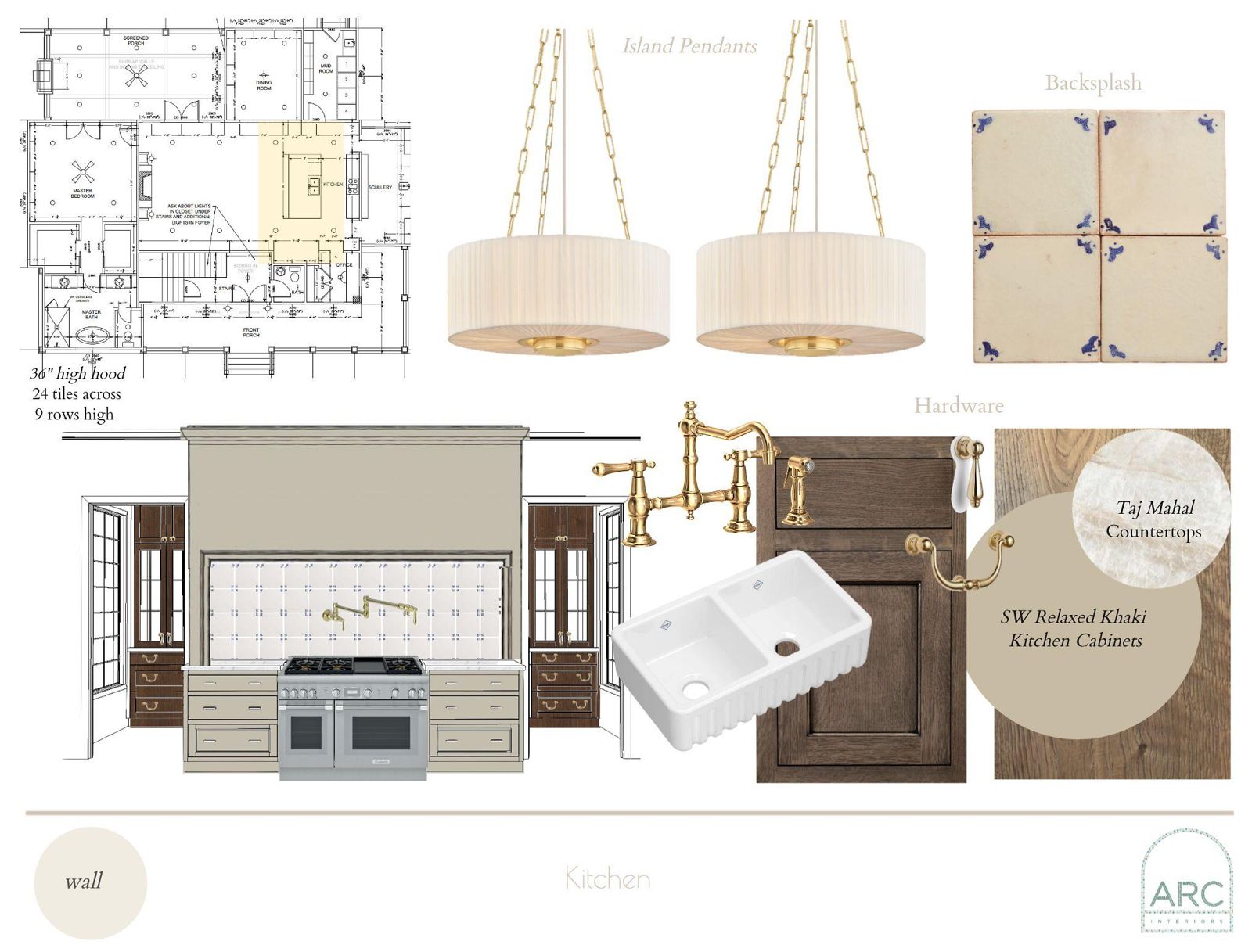 Kitchen design board: finishes, fixtures, and lighting
