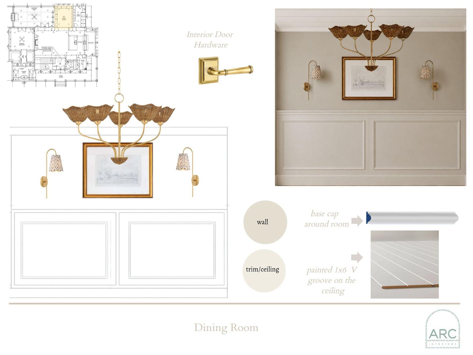 Dining Room design board: finishes, fixtures, and lighting