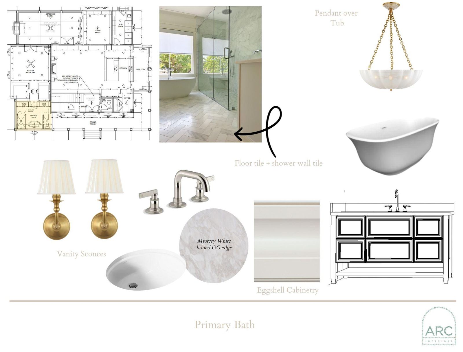 Primary Bath design board: finishes, fixtures, and lighting