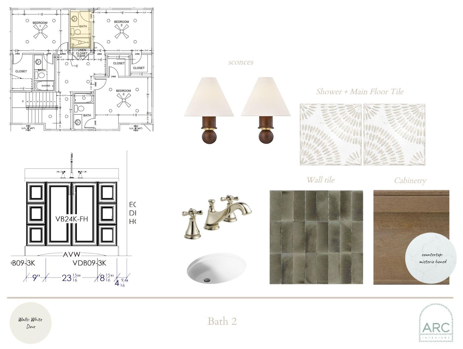 Bath 2 design board: finishes, fixtures, and lighting