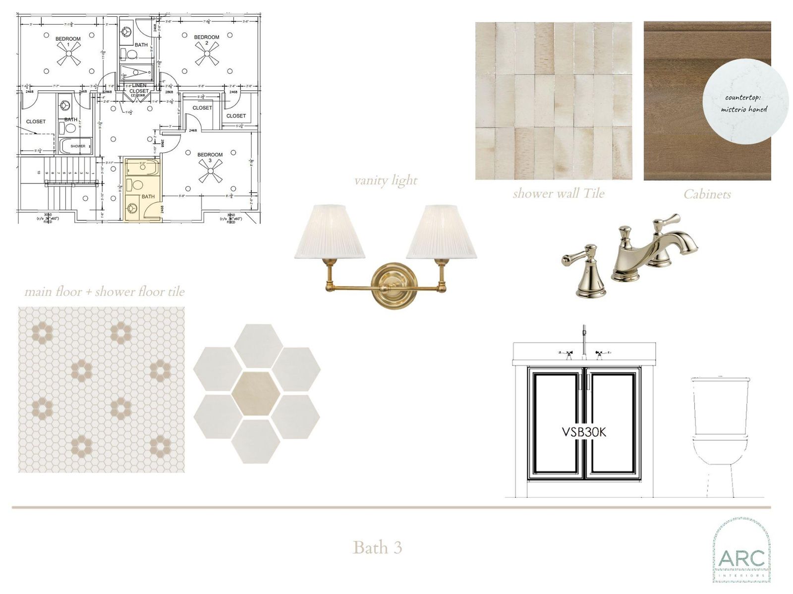 Bath 3 design board: finishes, fixtures, and lighting