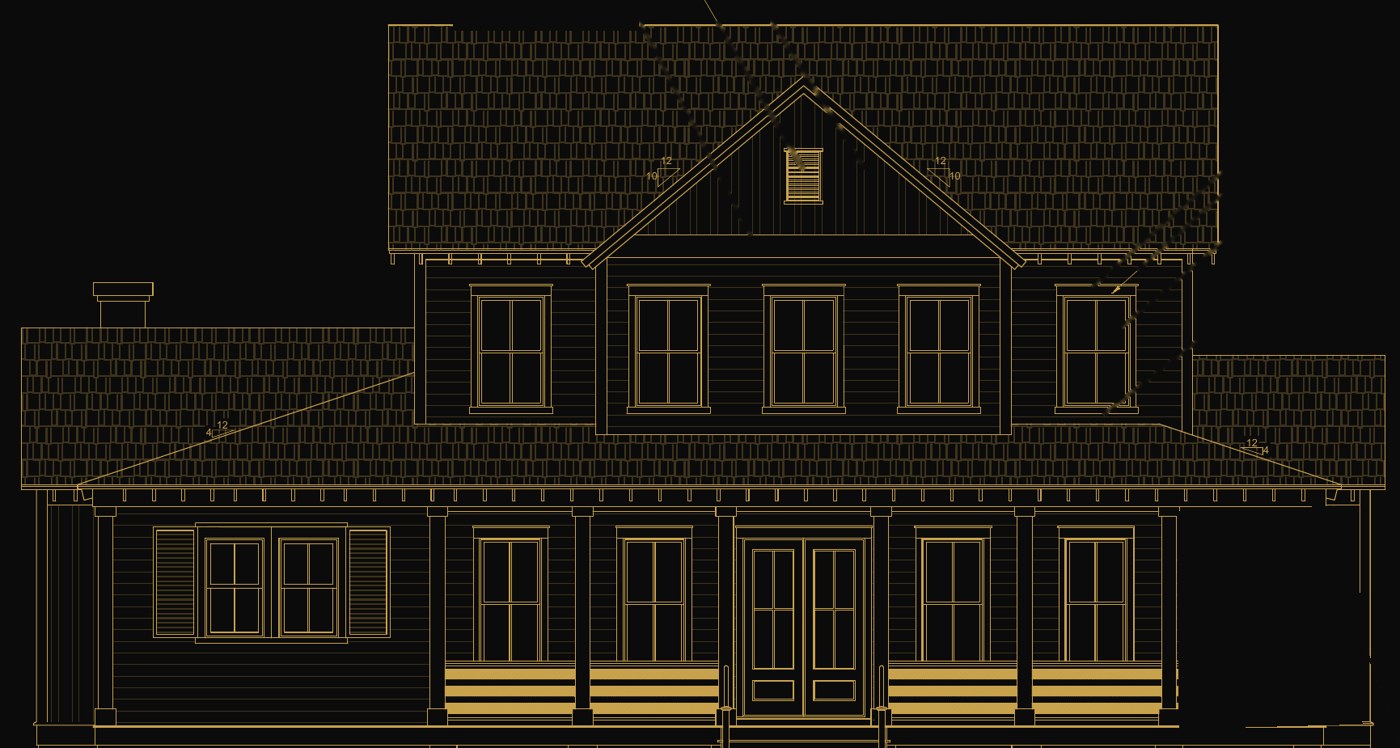 Architectural front elevation of 936 Kincade Drive drawn in gold: two-story home with a full-width front porch and double front doors