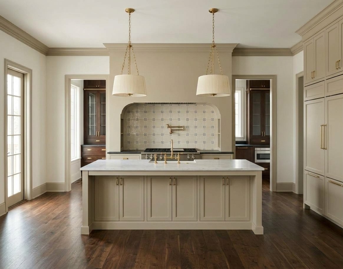 Kitchen rendering: island with marble top and brass bridge faucet, two pleated drum pendants, arched range alcove with hand-painted tile and pot filler, paneled refrigerator wall