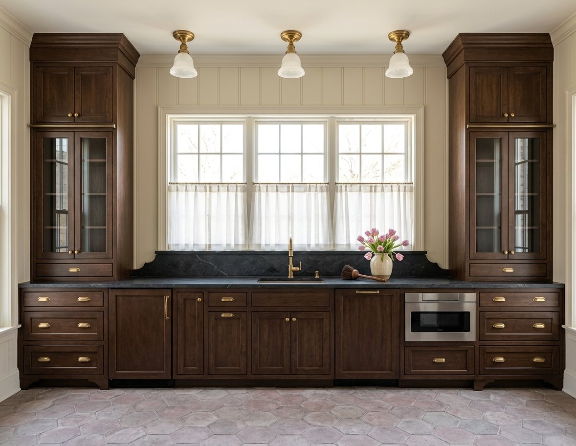Scullery rendering: stained wood cabinetry with glass-front uppers, soapstone counters and backsplash, brass faucet and hardware, microwave drawer, three schoolhouse lights and hexagon terracotta floor